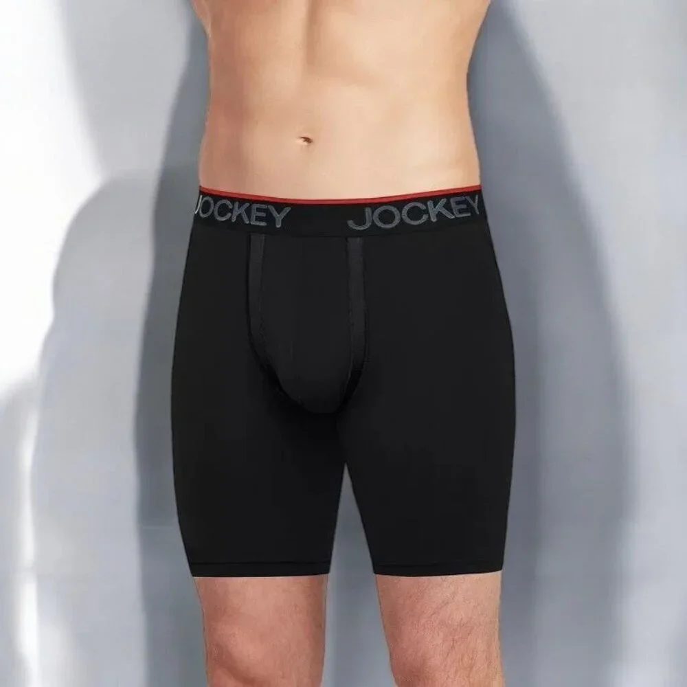Mens Jockey Chafe-Proof Pouch Microfiber Long Leg Boxer Briefs Large Black NEW